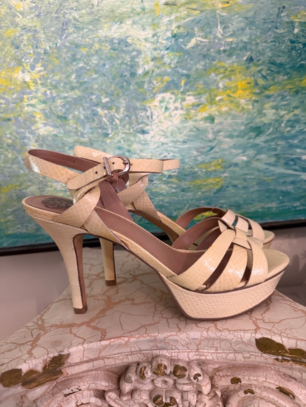 Vince Camuto Cream Woven Ankle-Strap Platform Heels